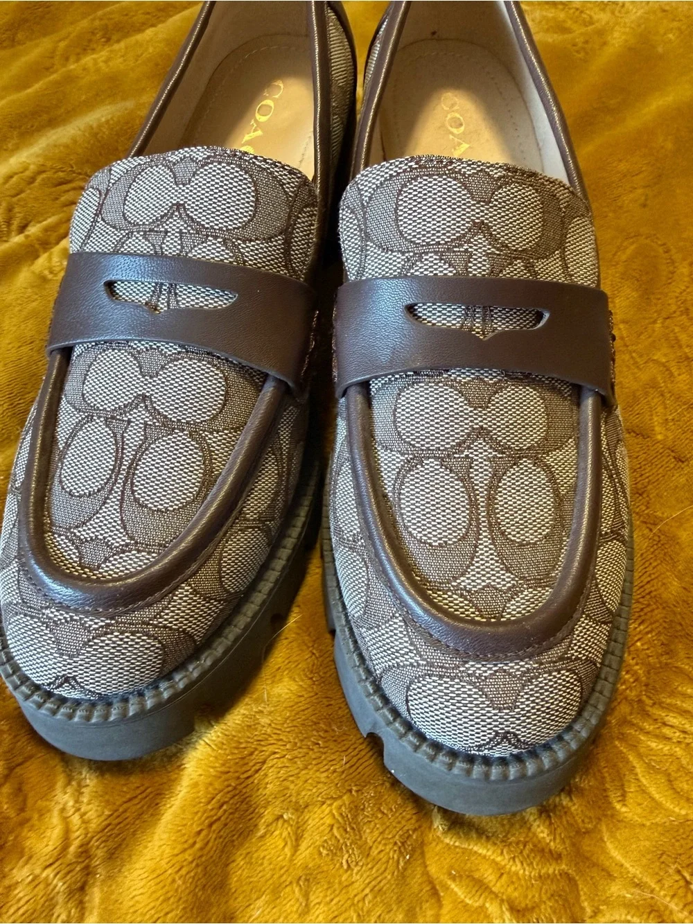 Coach Beige Signature Canvas Penny Loafers with Brown Trim